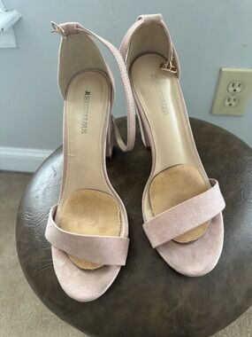 JustFab Blush Suede Ankle-Strap Block Heel Sandals